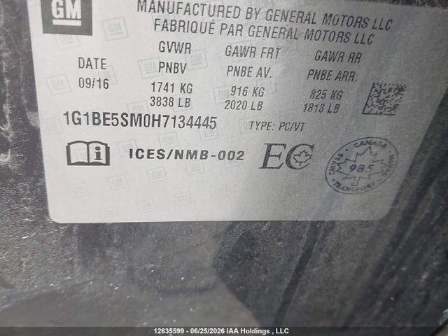 Продажа на аукционе авто 2017 Chevrolet Cruze Lt, vin: 1G1BE5SM0H7134445, номер лота: 12635599