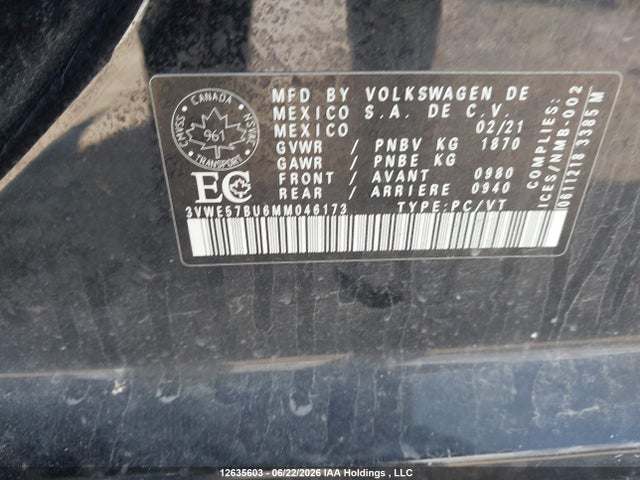 Продаж на аукціоні авто 2021 Volkswagen Jetta Highline, vin: 3VWE57BU6MM046173, номер лоту: 12635603