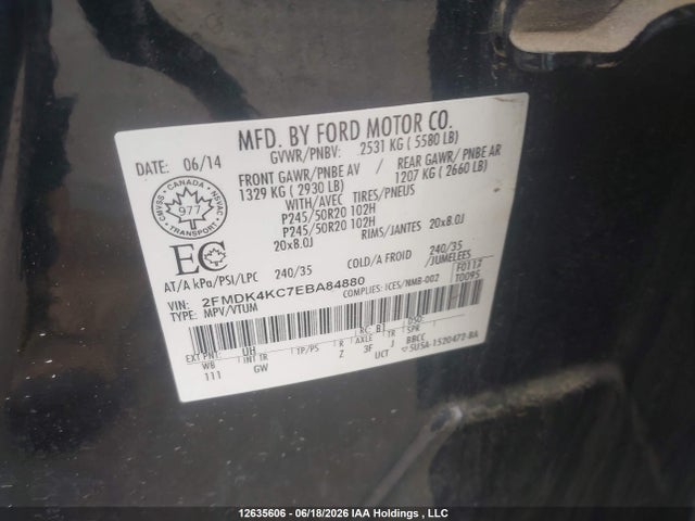 12635606 :رقم المزاد ، 2FMDK4KC7EBA84880 vin ، 2014 Ford Edge Limited مزاد بيع