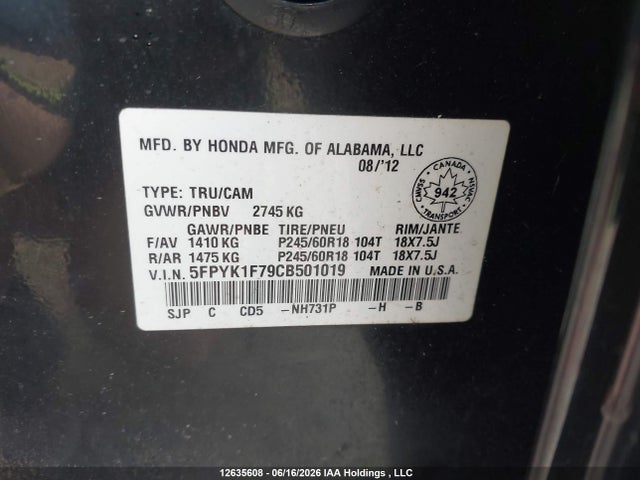 2012 Honda Ridgeline Sport მანქანა იყიდება აუქციონზე, vin: 5FPYK1F79CB501019, აუქციონის ნომერი: 12635608