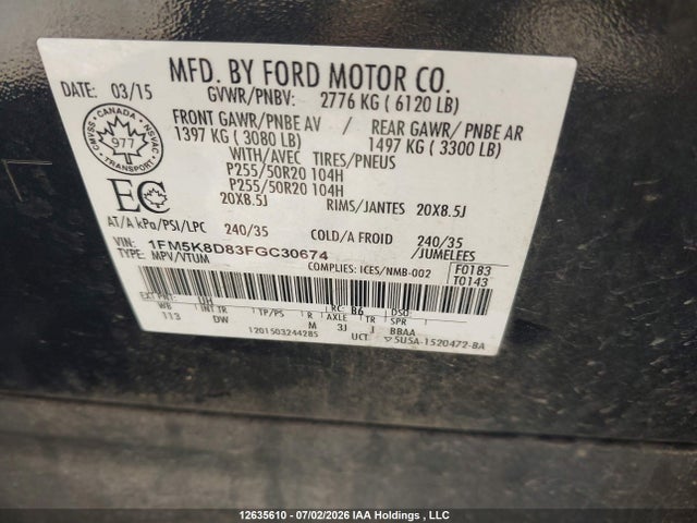 Продаж на аукціоні авто 2015 Ford Explorer Xlt, vin: 1FM5K8D83FGC30674, номер лоту: 12635610