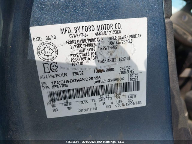 Продаж на аукціоні авто 2010 Ford Escape, vin: 1FMCU9DG9AKD29455, номер лоту: 12635611