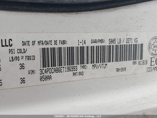 12635621 :رقم المزاد ، 3C4PDCAB6ET196993 vin ، 2014 Dodge Journey Se مزاد بيع