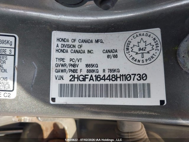 Продаж на аукціоні авто 2008 Honda Civic Dx-g, vin: 2HGFA16448H110730, номер лоту: 12635622