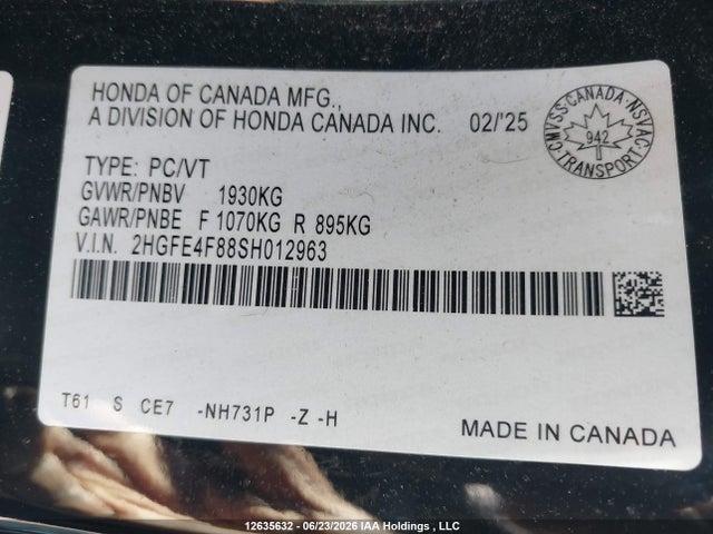 2025 Honda Civic Sport Hybrid/sport Touring Hybrid მანქანა იყიდება აუქციონზე, vin: 2HGFE4F88SH012963, აუქციონის ნომერი: 12635632