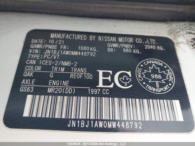 Продажа на аукционе авто 2021 Nissan Qashqai S, vin: JN1BJ1AW0MW448792, номер лота: 12635635