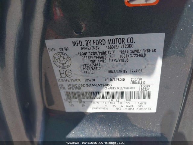 Продаж на аукціоні авто 2010 Ford Escape, vin: 1FMCU9DGXAKA39600, номер лоту: 12635638