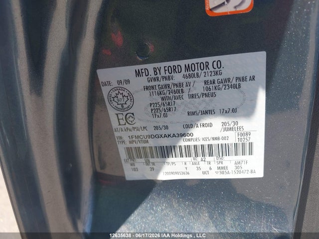 Продаж на аукціоні авто 2010 Ford Escape, vin: 1FMCU9DGXAKA39600, номер лоту: 12635638