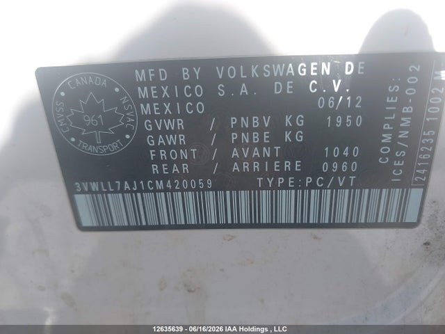 12635639 :رقم المزاد ، 3VWLL7AJ1CM420059 vin ، 2012 Volkswagen Jetta مزاد بيع