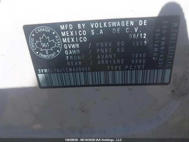12635639 :رقم المزاد ، 3VWLL7AJ1CM420059 vin ، 2012 Volkswagen Jetta مزاد بيع