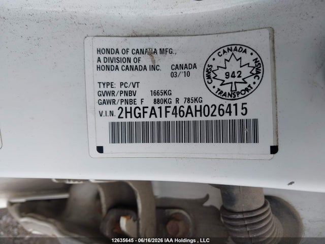 2010 Honda Civic Dx-g მანქანა იყიდება აუქციონზე, vin: 2HGFA1F46AH026415, აუქციონის ნომერი: 12635645