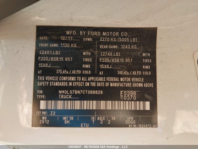 2012 Ford Transit Connect Xlt მანქანა იყიდება აუქციონზე, vin: NM0LS7BN7CT088828, აუქციონის ნომერი: 12635647
