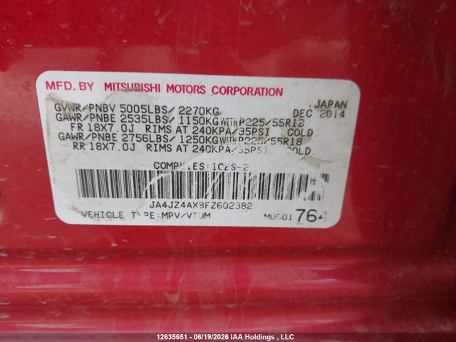 12635651 :رقم المزاد ، JA4JZ4AX8FZ602382 vin ، 2015 Mitsubishi Outlander Gt مزاد بيع