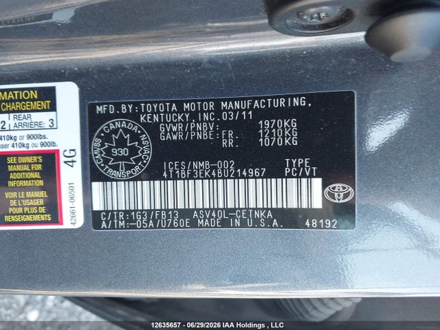 2011 Toyota Camry Se/le/xle მანქანა იყიდება აუქციონზე, vin: 4T1BF3EK4BU214967, აუქციონის ნომერი: 12635657