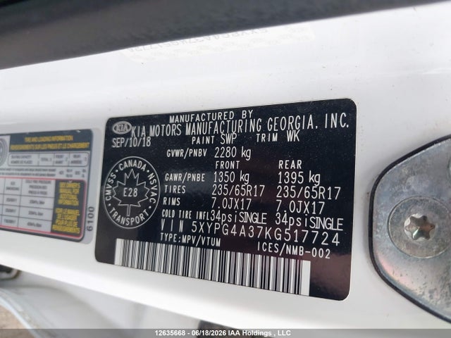 12635668 :رقم المزاد ، 5XYPG4A37KG517724 vin ، 2019 Kia Sorento مزاد بيع