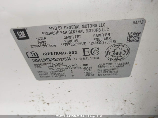 Продаж на аукціоні авто 2013 Chevrolet Equinox Lt, vin: 1GNFLNEK3DZ121588, номер лоту: 12635671