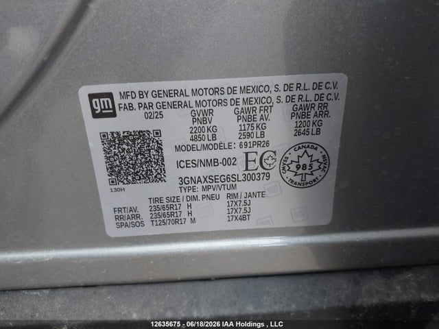 2025 Chevrolet Equinox Activ Awd მანქანა იყიდება აუქციონზე, vin: 3GNAXSEG6SL300379, აუქციონის ნომერი: 12635675