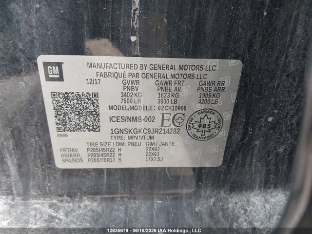 Продаж на аукціоні авто 2018 Chevrolet Suburban Ls, vin: 1GNSKGKC9JR214282, номер лоту: 12635679