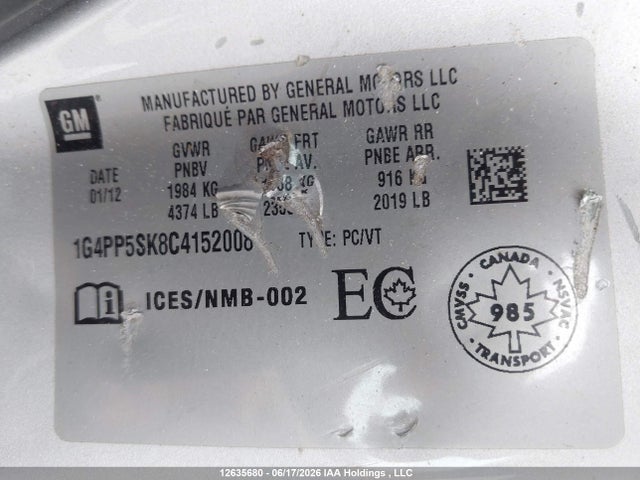 12635680 :رقم المزاد ، 1G4PP5SK8C4152008 vin ، 2012 Buick Verano مزاد بيع