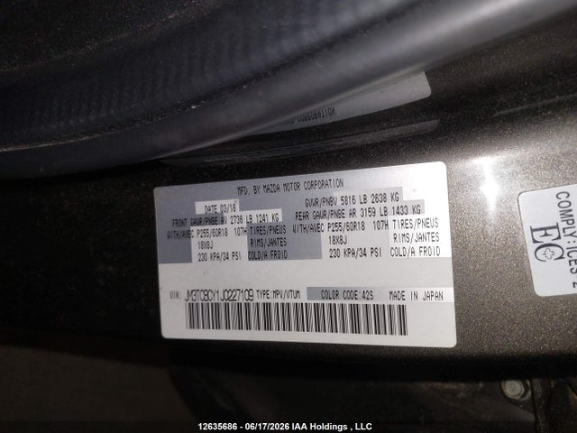 2018 Mazda Cx-9 Gs-l მანქანა იყიდება აუქციონზე, vin: JM3TCBCY1J0227109, აუქციონის ნომერი: 12635686