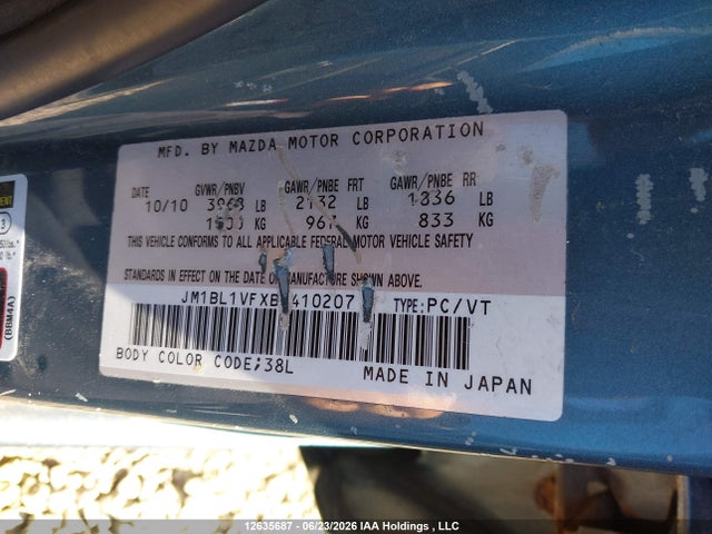 12635687 :رقم المزاد ، JM1BL1VFXB1410207 vin ، 2011 Mazda Mazda3 Gs مزاد بيع