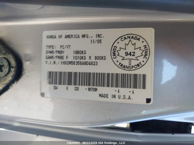 2006 Honda Accord Se მანქანა იყიდება აუქციონზე, vin: 1HGCM56356A804623, აუქციონის ნომერი: 12635693