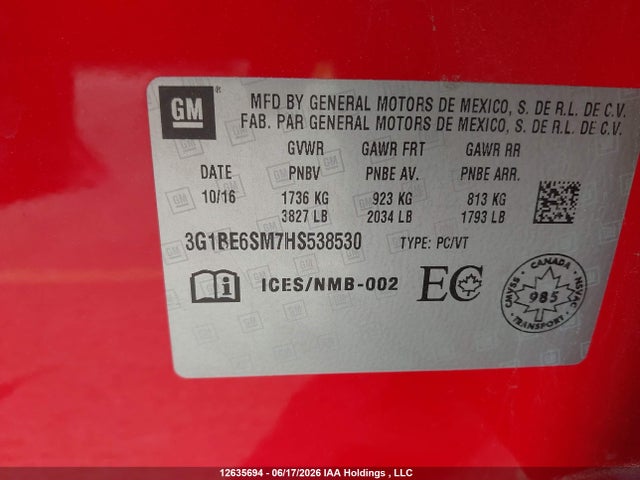 12635694 :رقم المزاد ، 3G1BE6SM7HS538530 vin ، 2017 Chevrolet Cruze Lt مزاد بيع