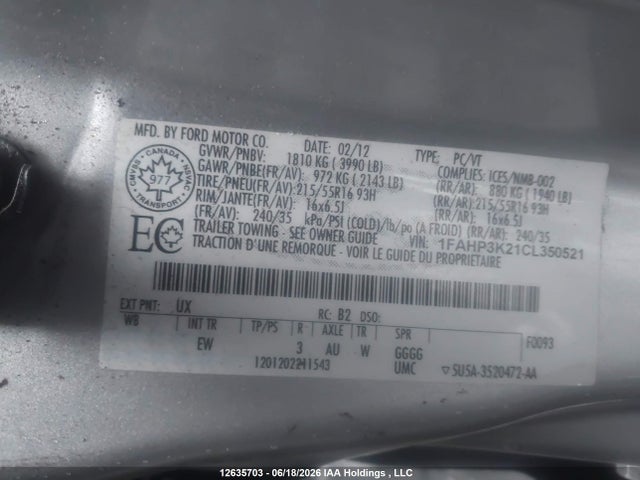 12635703 :رقم المزاد ، 1FAHP3K21CL350521 vin ، 2012 Ford Focus Se مزاد بيع