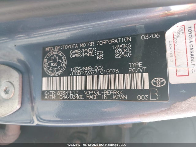 Aukcja sprzedaży 2007 Toyota Yaris, vin: JTDBT923771015076, numer aukcji: 12632517