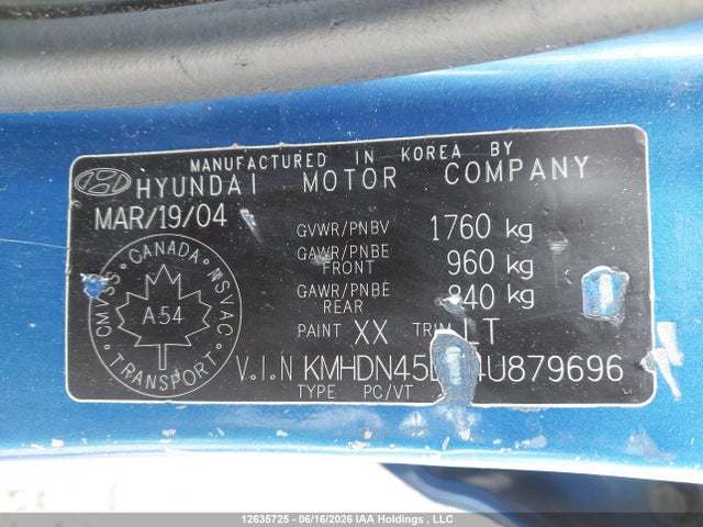 2004 Hyundai Elantra Gls/gt მანქანა იყიდება აუქციონზე, vin: KMHDN45D64U879696, აუქციონის ნომერი: 12635725