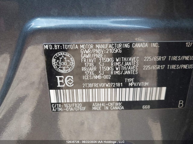 2T3BFREV0FW272181 Toyota RAV4 LE