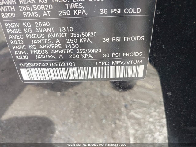 12635733 :رقم المزاد ، 1V2BN2CA2TC553101 vin ، 2026 Volkswagen Atlas Sel مزاد بيع
