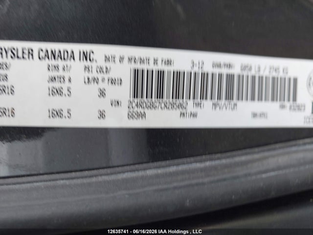 12635741 :رقم المزاد ، 2C4RDGBG7CR285062 vin ، 2012 Dodge Grand Caravan مزاد بيع
