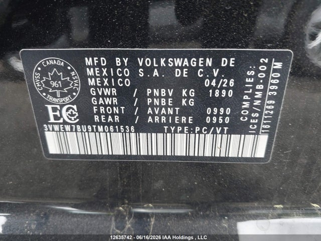 Продаж на аукціоні авто 2026 Volkswagen Jetta Comfortline, vin: 3VWEW7BU9TM061536, номер лоту: 12635742