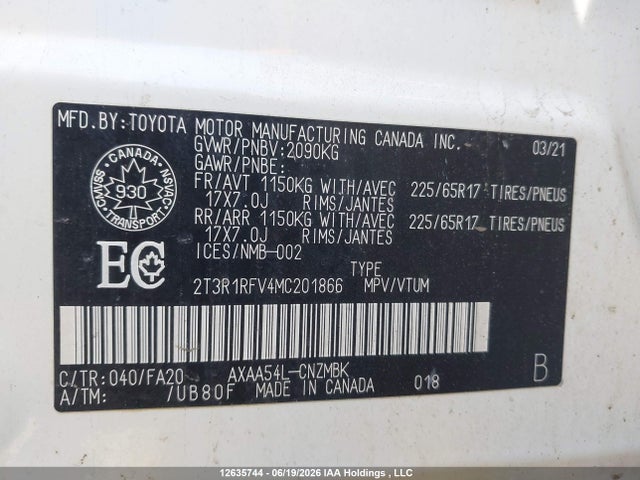 2T3R1RFV4MC201866 Toyota Rav4 Xle