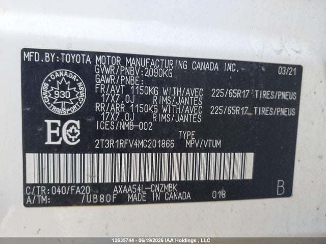 2T3R1RFV4MC201866 Toyota Rav4 Xle