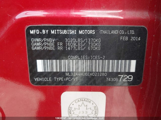 Продажа на аукционе авто 2014 Mitsubishi Mirage Se, vin: ML32A4HJ6EH021280, номер лота: 12635747