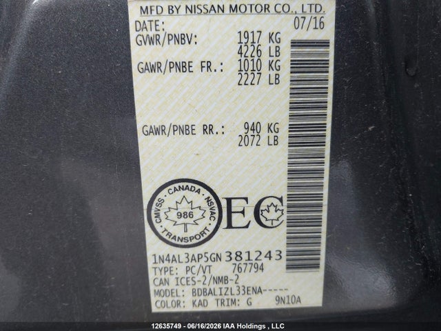 2016 Nissan Altima 2.5/s/sv/sl/sr მანქანა იყიდება აუქციონზე, vin: 1N4AL3AP5GN381243, აუქციონის ნომერი: 12635749