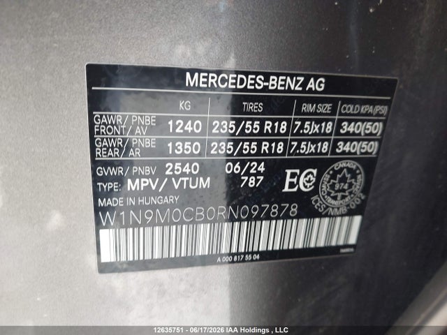 Продаж на аукціоні авто 2024 Mercedes-benz Eqb 250+, vin: W1N9M0CB0RN097878, номер лоту: 12635751