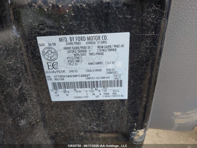 Продажа на аукционе авто 2008 Ford F150 Supercrew, vin: 1FTRW14W38FC26827, номер лота: 12635755