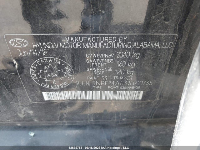 12635758 :رقم المزاد ، 5NPE24AF3JH721735 vin ، 2018 Hyundai Sonata Se مزاد بيع