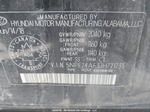 12635758 :رقم المزاد ، 5NPE24AF3JH721735 vin ، 2018 Hyundai Sonata Se مزاد بيع