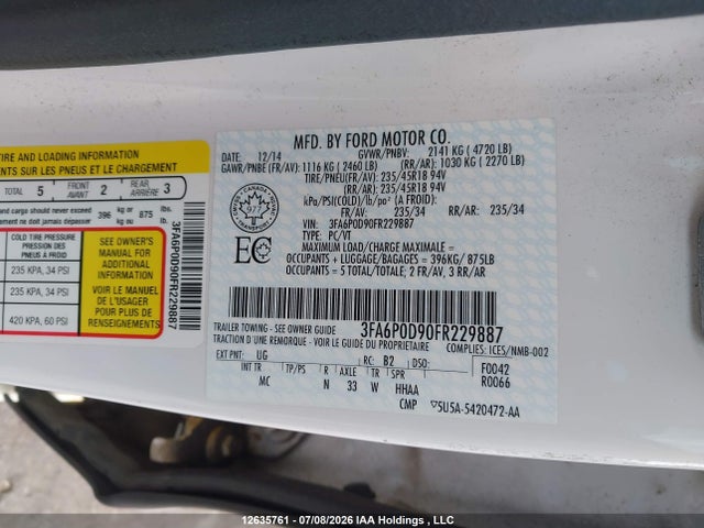 12635761 :رقم المزاد ، 3FA6P0D90FR229887 vin ، 2015 Ford Fusion Titanium مزاد بيع