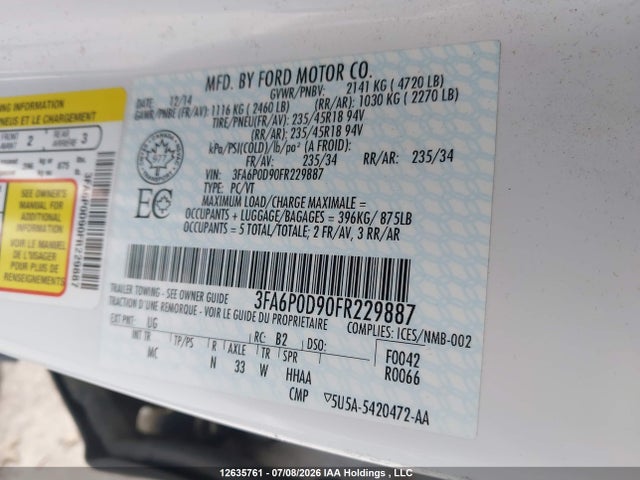 12635761 :رقم المزاد ، 3FA6P0D90FR229887 vin ، 2015 Ford Fusion Titanium مزاد بيع
