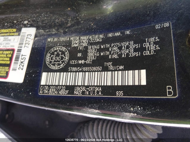 2008 Toyota Tundra მანქანა იყიდება აუქციონზე, vin: 5TBBV54168S508050, აუქციონის ნომერი: 12635770