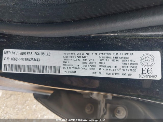12635786 :رقم المزاد ، 1C6SRFVT8RN233443 vin ، 2024 Dodge Ram 1500 مزاد بيع