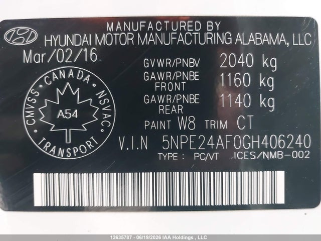 5NPE24AF0GH406240 Hyundai SONATA GL