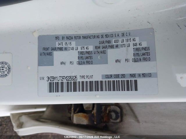 3MZBM1U72FM225825 Mazda Mazda3 Gx