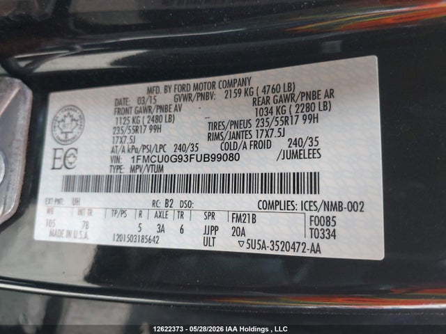 Продажа на аукционе авто 2015 Ford Escape Se, vin: 1FMCU0G93FUB99080, номер лота: 12622373