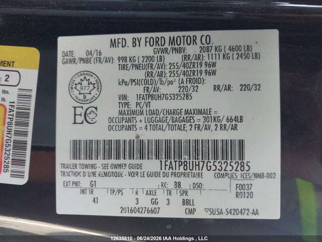 12635810 :رقم المزاد ، 1FATP8UH7G5325285 vin ، 2016 Ford Mustang Convertible مزاد بيع